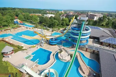 an aerial view of a water park with a roller coaster at Pavel 1 Cottage with 2 Thermal Riviera Tickets in Moravske Toplice