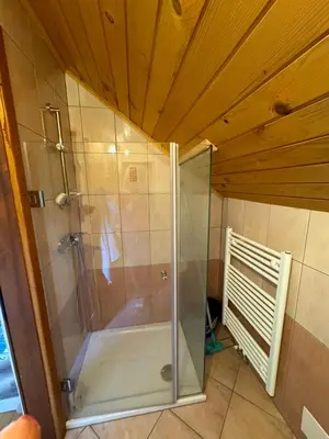 a shower with a glass door in a bathroom at Apartma Pri Tavčarju in Poljane nad Škofjo Loko