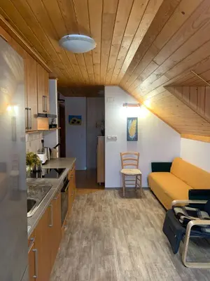 a living room with a couch and a kitchen at Apartma Pri Tavčarju in Poljane nad Škofjo Loko