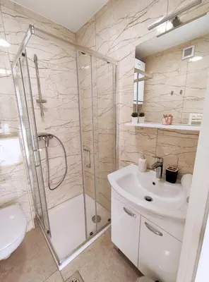 a bathroom with a shower and a sink and a toilet at Apartment Twin 1 in Ljubljana