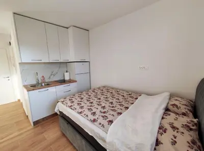 a small bedroom with a bed and a sink at Apartment Twin 1 in Ljubljana