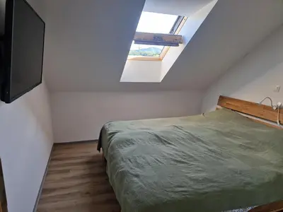 a bedroom with a bed and a skylight at Linden Retreat Apartments with Sauna in Spodnje Mestinje