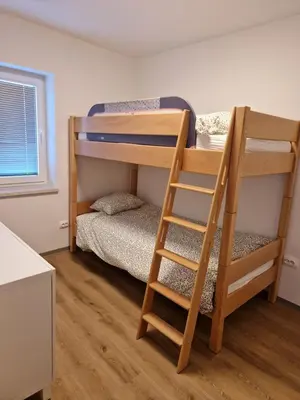 a bunk bed and a ladder in a room at Linden Retreat Apartments with Sauna in Spodnje Mestinje