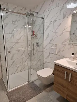 a bathroom with a shower with a toilet and a sink at Linden Retreat Apartments with Sauna in Spodnje Mestinje