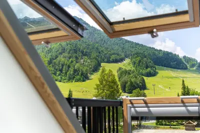 a room with a window with a view of a mountain at Gora Luxury Apartments in Kranjska Gora