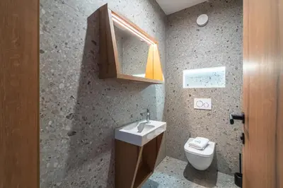 a bathroom with a toilet and a sink and a mirror at Gora Luxury Apartments in Kranjska Gora