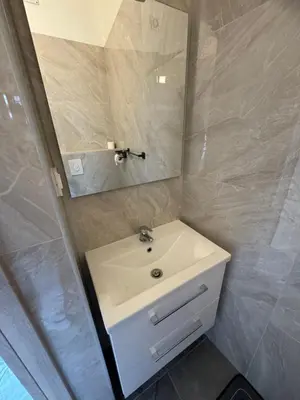 a bathroom with a white sink and a mirror at Jack apartments in Maribor