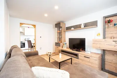 a living room with a couch and a flat screen tv at Apartment By The Forest in Zgornje Gorje