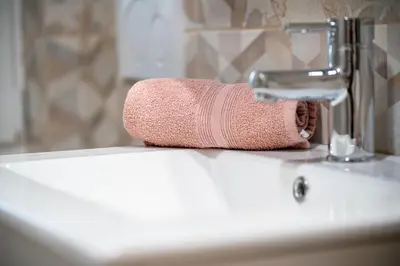 a pink towel sitting on a sink under a faucet at Apartment By The Forest in Zgornje Gorje