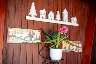 a plant in a white pot on a wall with a shelf at Apartment By The Forest in Zgornje Gorje