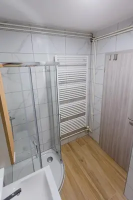 a bathroom with a glass shower and a toilet at Apartma Tom in Metlika