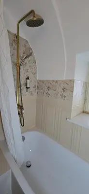 a bathroom with a bath tub with a shower at Apartment Econte near old town in Ljubljana