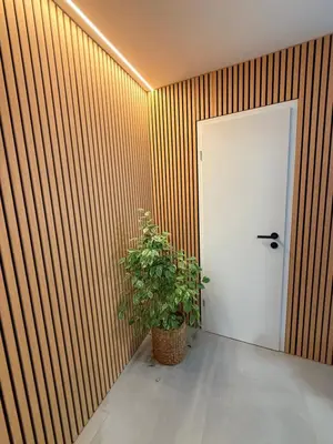 a hallway with a white door and a potted plant at Resort PJagodic in Cerklje na Gorenjskem