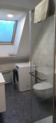 a bathroom with a washing machine and a toilet at HIŠA Margit in Rateče