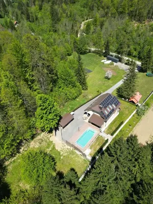 an aerial view of a house with a swimming pool at Vila Tin & Koča Tin in Prestranek