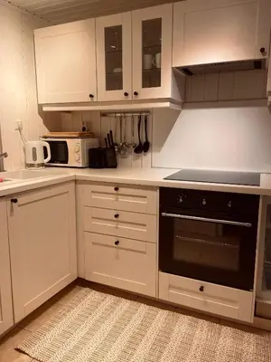 a kitchen with white cabinets and a black oven at Katja Cottage in Bohinjska Bela