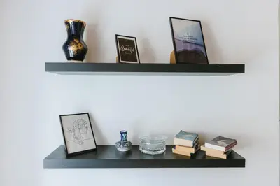a shelf with pictures and books on a wall at Apartment MIDVA in Bled