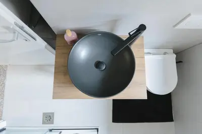 a black mouse sitting on a counter next to a toilet at Apartment MIDVA in Bled