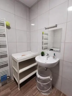 a white bathroom with a sink and a mirror at Apartma Lipa in Veliki Gaber
