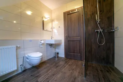 a bathroom with a toilet and a sink and a shower at Smrekarjeva Domačija in Postojna