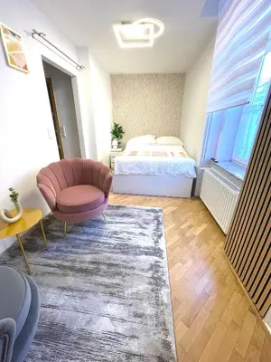 a bedroom with a bed and a chair and a rug at Topel dom v središču mesta in Maribor