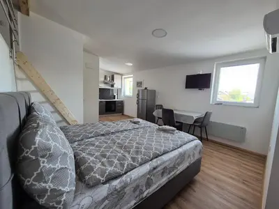 a bedroom with a bed and a kitchen and a table at Villa Vojkova in Ljubljana