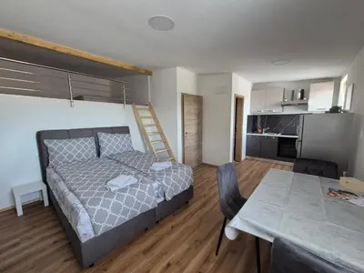 a bedroom with a bed and a table and a kitchen at Villa Vojkova in Ljubljana