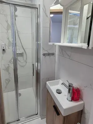 a bathroom with a shower and a sink at Villa Vojkova in Ljubljana