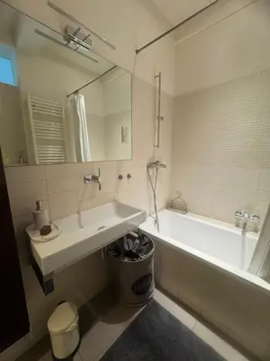 a bathroom with a sink and a tub and a mirror at Feel good Stay at Dragon bridge Apartment in Ljubljana