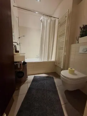 a bathroom with a toilet and a sink and a window at Feel good Stay at Dragon bridge Apartment in Ljubljana