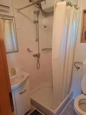 a bathroom with a shower and a sink and a toilet at Na Rebri in Luče