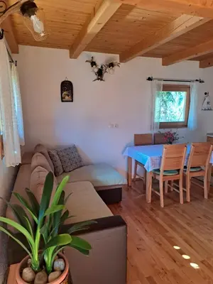 a living room with a couch and a table at Na Rebri in Luče