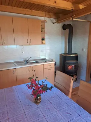 a kitchen with a table with a stove in the background at Na Rebri in Luče