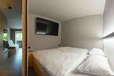 a bedroom with a bed and a tv on the wall at Alpine Nest Bovec in Bovec