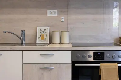a kitchen with a sink and a stove at Lili Rooms in Stahovica