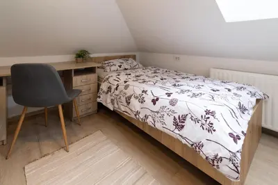 a bedroom with a bed and a desk and a chair at Lili Rooms in Stahovica