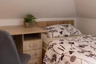 a bedroom with a bed with a black and white comforter at Lili Rooms in Stahovica