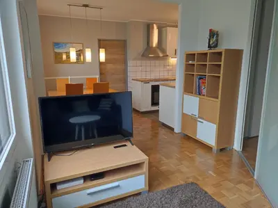 a living room with a television on a wooden stand at MCS Metro Residence in Ljubljana