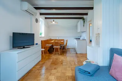 a living room with a television and a dining room at Misty May Apartment in Bovec