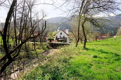 a house in the middle of a field with trees at Glamping Tlaka in Gornji Grad