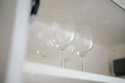 four wine glasses are lined up on a shelf at Peaceful City Stay in Ljubljana