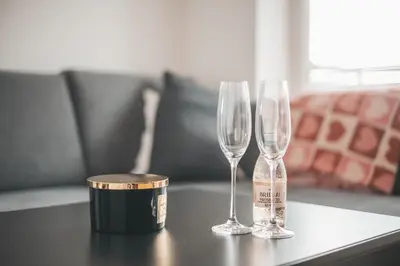 two wine glasses and a container on a table at Stork's Nest - Moravske Toplice in Moravske Toplice