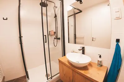a bathroom with a sink and a shower at Stork's Nest - Moravske Toplice in Moravske Toplice