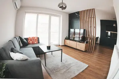 a living room with a couch and a tv at Stork's Nest - Moravske Toplice in Moravske Toplice