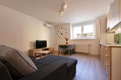 a living room with a couch and a table at Apartma Seničica in Ljubljana