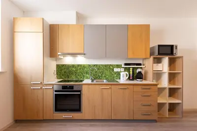 a kitchen with wooden cabinets and a stove top oven at Apartma Seničica in Ljubljana