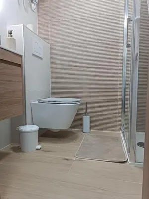 a bathroom with a toilet and a glass shower at CoCo Apartment in Ljubljana