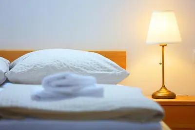 a bed with a white pillow and a lamp at Sunset Valley Apartments and Rooms in Bohinj