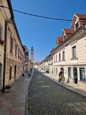 a person riding a bike down a cobblestone street at Gala Lenassi in Kamnik
