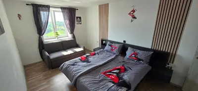 a bedroom with a bed with red pillows on it at Apartma Martin in Miklavž pri Ormožu